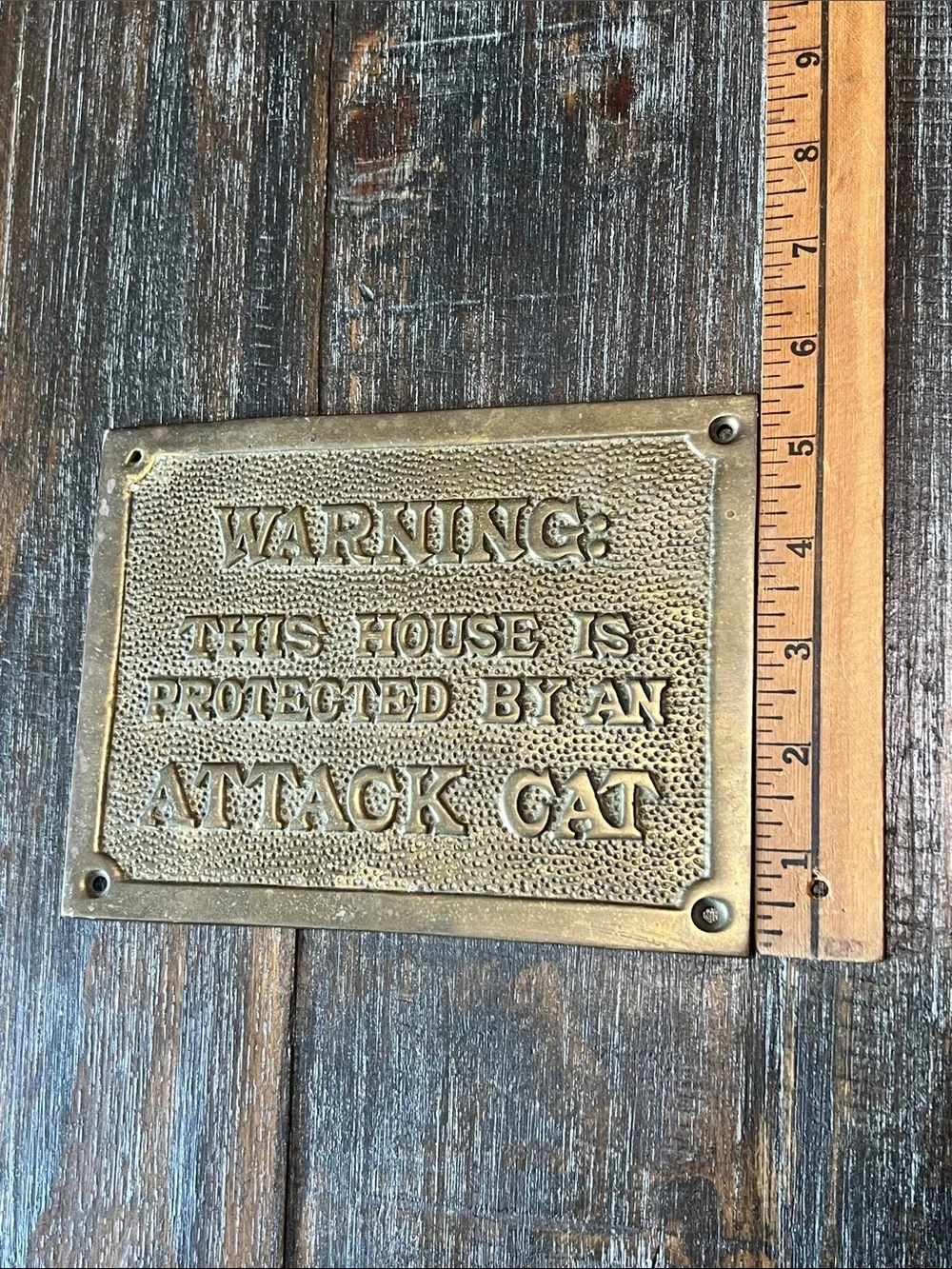 Brass 'Attack Cat' Warning Plaque for Cat Lovers. Very Heavy